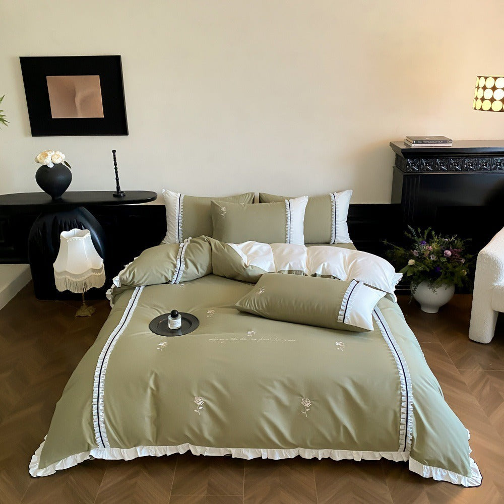 VILZSTUDIOS olive green, pastel pink and ivory white rose-embroidered duvet cover set with white ruffles and contrast piping