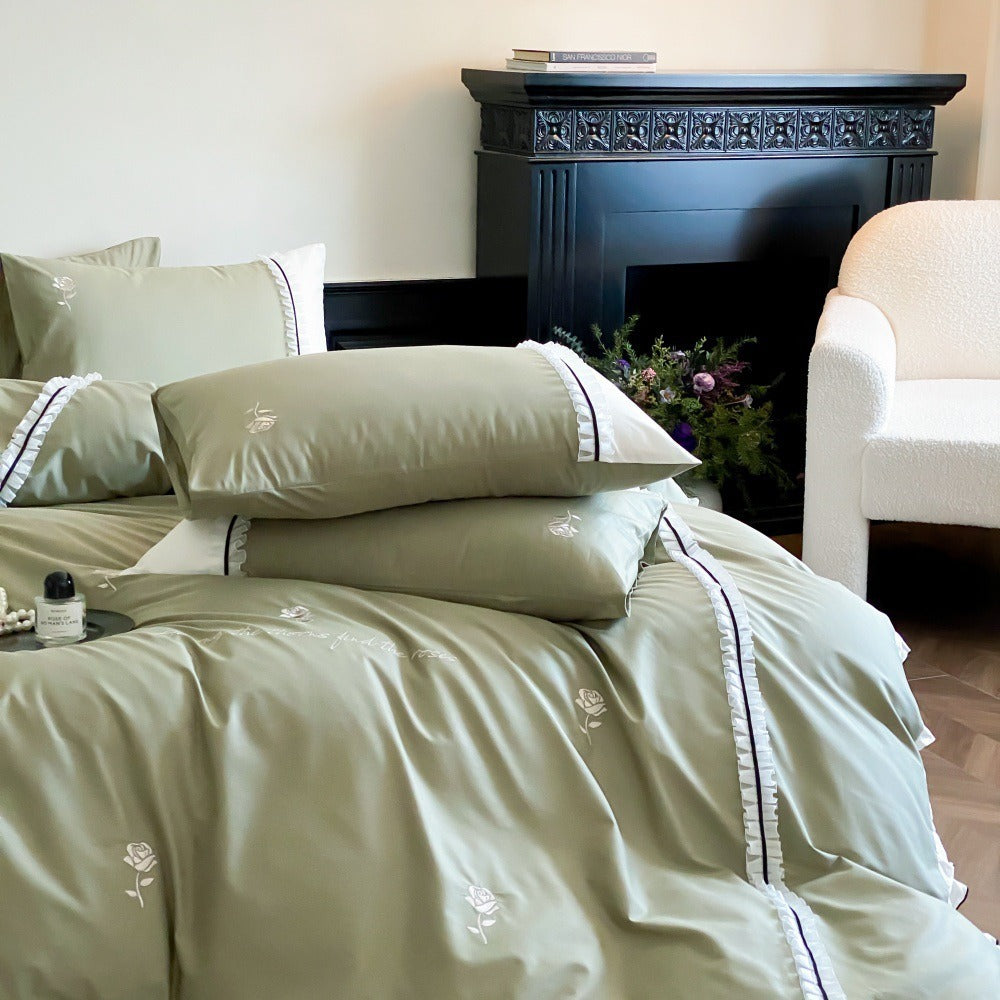VILZSTUDIOS olive green, pastel pink and ivory white rose-embroidered duvet cover set with white ruffles and contrast piping