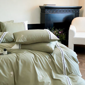 VILZSTUDIOS olive green, pastel pink and ivory white rose-embroidered duvet cover set with white ruffles and contrast piping