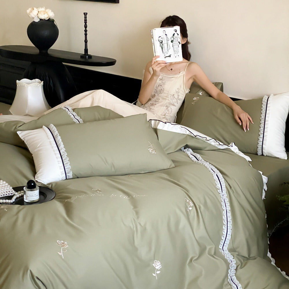 VILZSTUDIOS olive green, pastel pink and ivory white rose-embroidered duvet cover set with white ruffles and contrast piping
