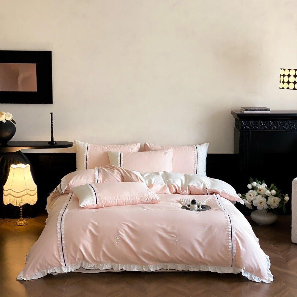 VILZSTUDIOS olive green, pastel pink and ivory white rose-embroidered duvet cover set with white ruffles and contrast piping