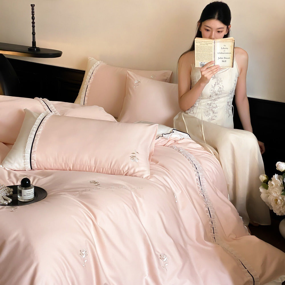 VILZSTUDIOS olive green, pastel pink and ivory white rose-embroidered duvet cover set with white ruffles and contrast piping