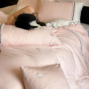 VILZSTUDIOS olive green, pastel pink and ivory white rose-embroidered duvet cover set with white ruffles and contrast piping