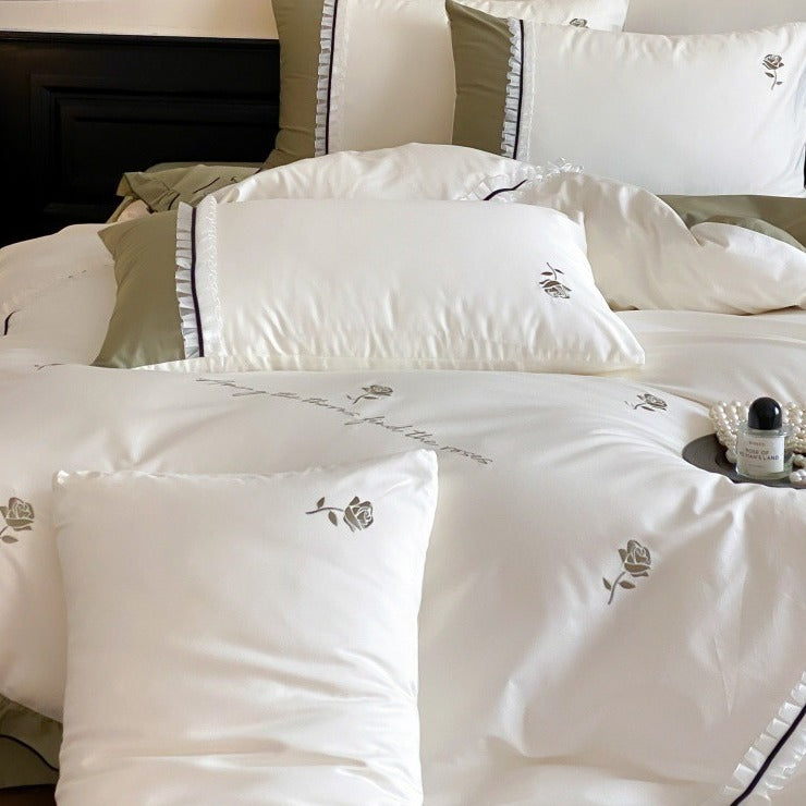VILZSTUDIOS olive green, pastel pink and ivory white rose-embroidered duvet cover set with white ruffles and contrast piping