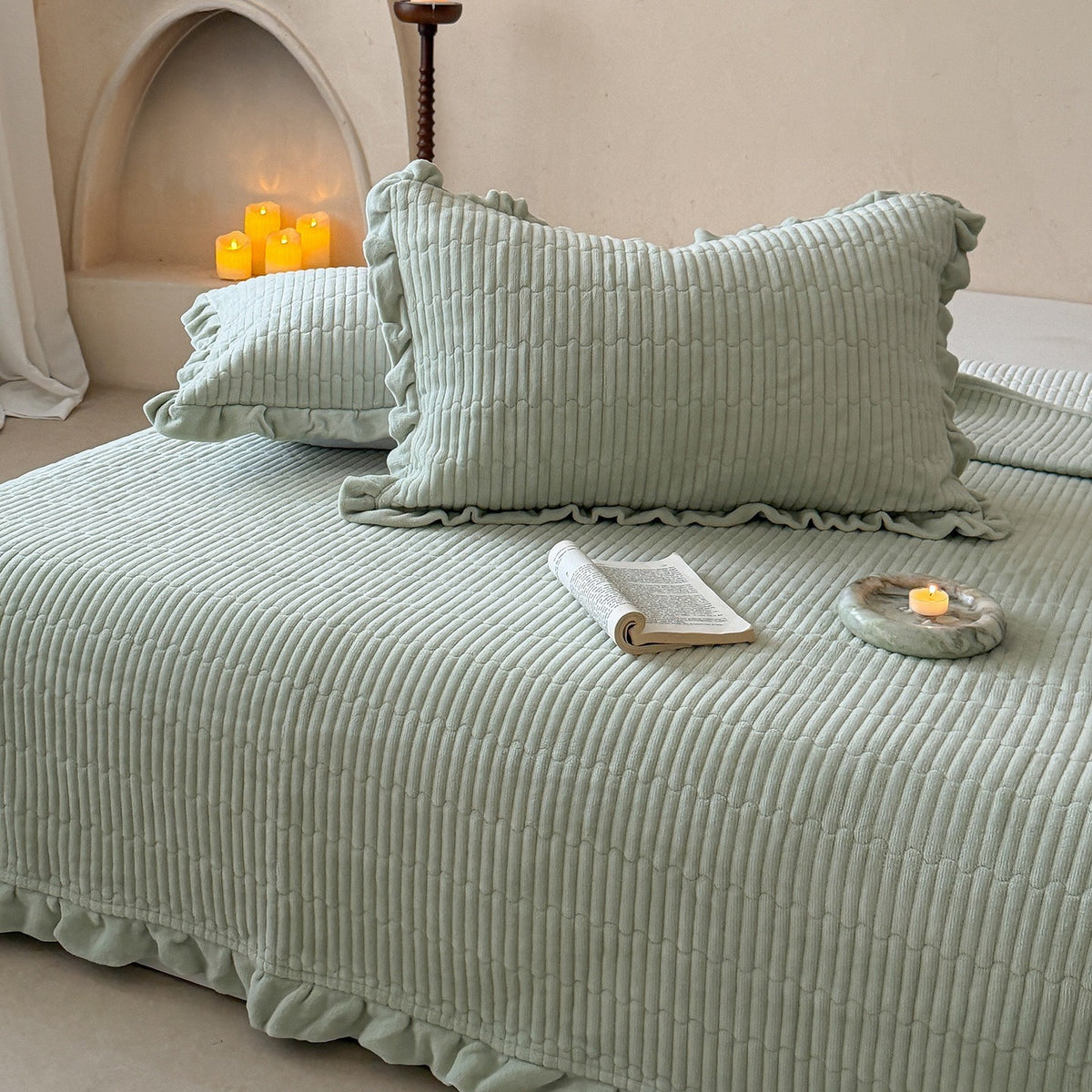 VILZSTUDIOS muted solid-color fleece bedding set with ruffle borders and channel-textured pillowcases