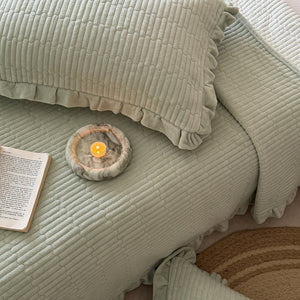 VILZSTUDIOS muted solid-color fleece bedding set with ruffle borders and channel-textured pillowcases