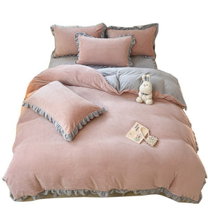VILZSTUDIOS pastel and neutral fleece bedding set with contrasting gathered ruffle borders
