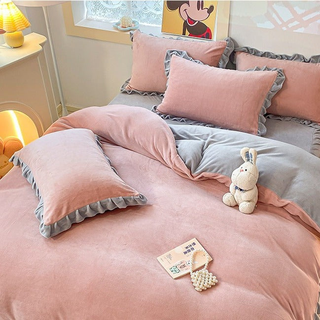 VILZSTUDIOS pastel and neutral fleece bedding set with contrasting gathered ruffle borders