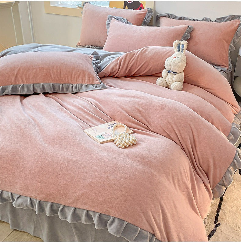 VILZSTUDIOS pastel and neutral fleece bedding set with contrasting gathered ruffle borders