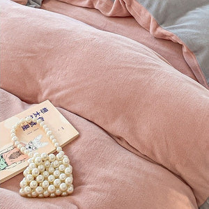 VILZSTUDIOS pastel and neutral fleece bedding set with contrasting gathered ruffle borders