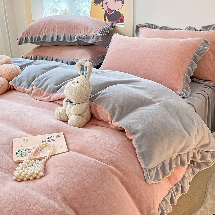 VILZSTUDIOS pastel and neutral fleece bedding set with contrasting gathered ruffle borders