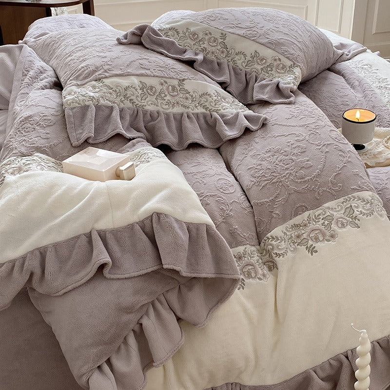 VILZSTUDIOS mauve-lavender, ivory cream or sage green bedding set with raised damask, embroidered cream borders and ruffle trim