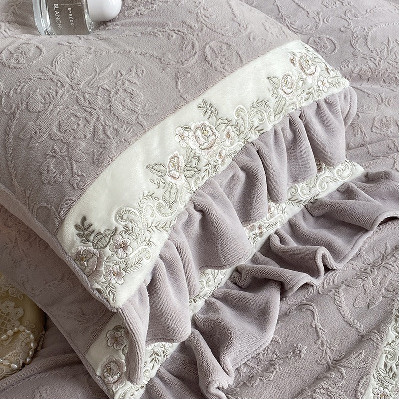VILZSTUDIOS mauve-lavender, ivory cream or sage green bedding set with raised damask, embroidered cream borders and ruffle trim