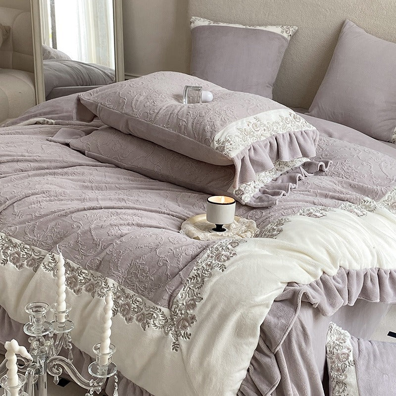VILZSTUDIOS mauve-lavender, ivory cream or sage green bedding set with raised damask, embroidered cream borders and ruffle trim