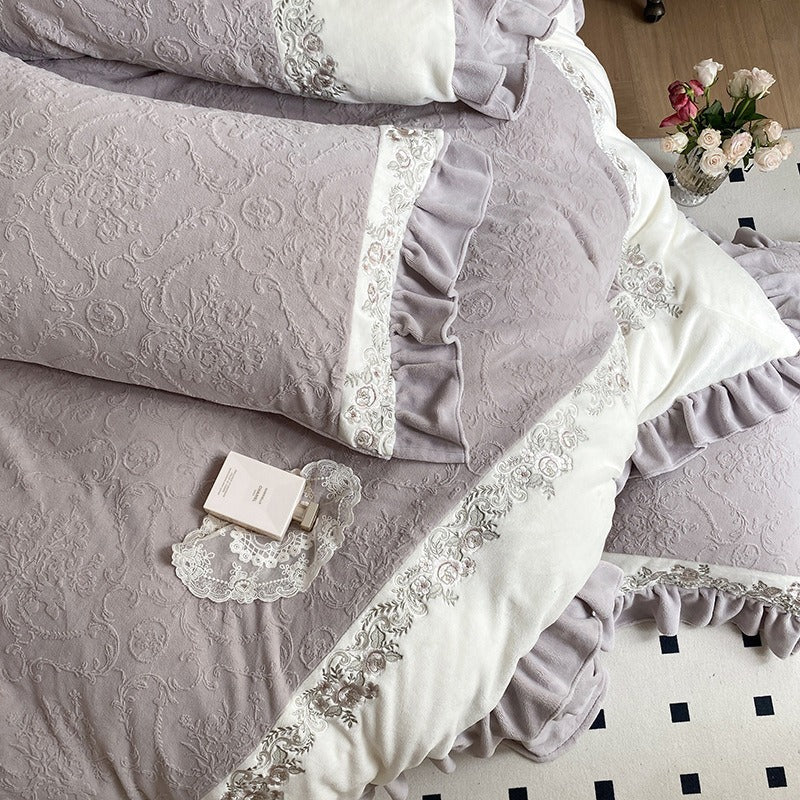 VILZSTUDIOS mauve-lavender, ivory cream or sage green bedding set with raised damask, embroidered cream borders and ruffle trim