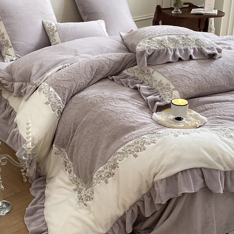 VILZSTUDIOS mauve-lavender, ivory cream or sage green bedding set with raised damask, embroidered cream borders and ruffle trim