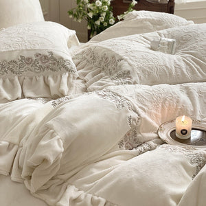 VILZSTUDIOS mauve-lavender, ivory cream or sage green bedding set with raised damask, embroidered cream borders and ruffle trim