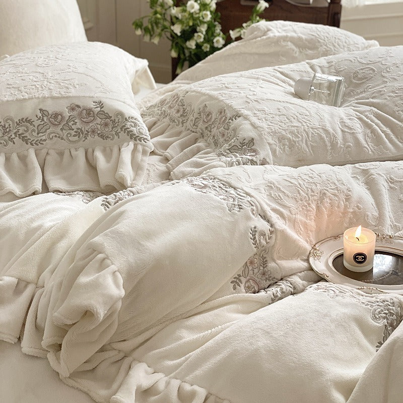 VILZSTUDIOS mauve-lavender, ivory cream or sage green bedding set with raised damask, embroidered cream borders and ruffle trim