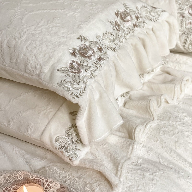 VILZSTUDIOS mauve-lavender, ivory cream or sage green bedding set with raised damask, embroidered cream borders and ruffle trim