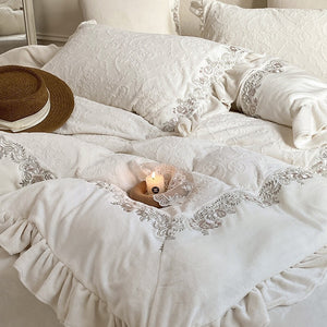 VILZSTUDIOS mauve-lavender, ivory cream or sage green bedding set with raised damask, embroidered cream borders and ruffle trim