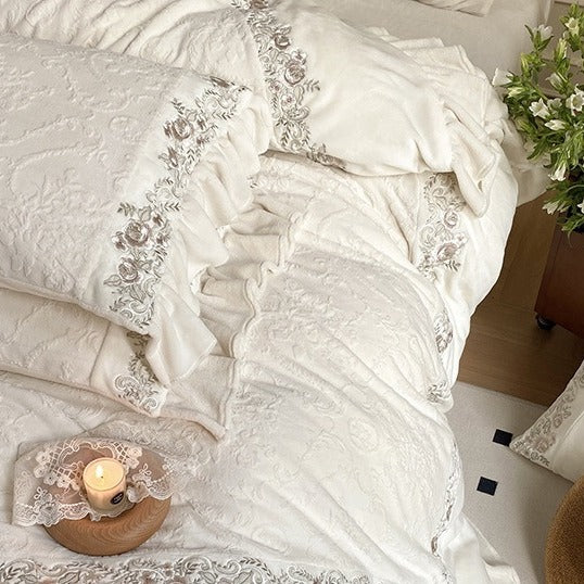 VILZSTUDIOS mauve-lavender, ivory cream or sage green bedding set with raised damask, embroidered cream borders and ruffle trim