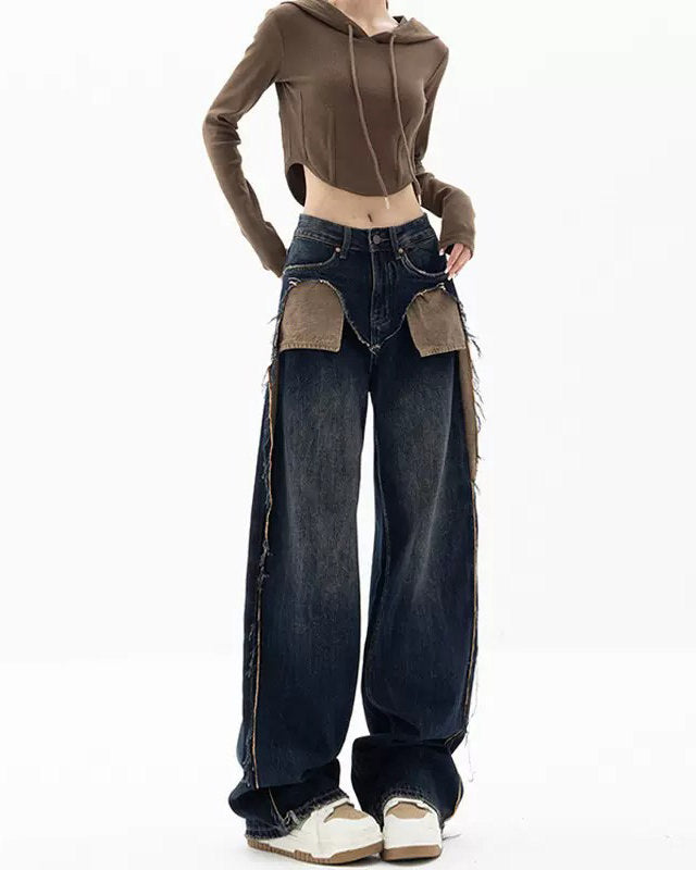 VILZSTUDIOS Wide-leg jeans with contrasting front pockets and frayed details