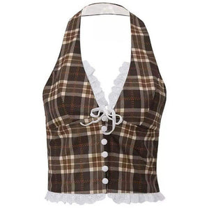 VILZSTUDIOS Plaid halter top with lace trim and ribbon bow