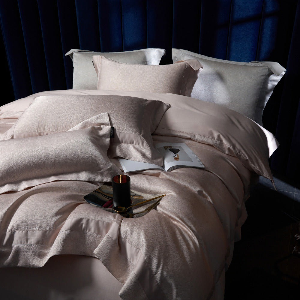VILZSTUDIOS blush pink, silver gray or champagne gold jacquard duvet cover set with wide satin borders
