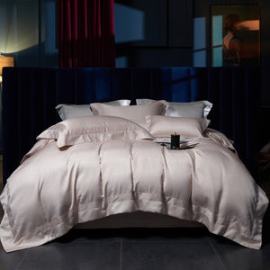 VILZSTUDIOS blush pink, silver gray or champagne gold jacquard duvet cover set with wide satin borders