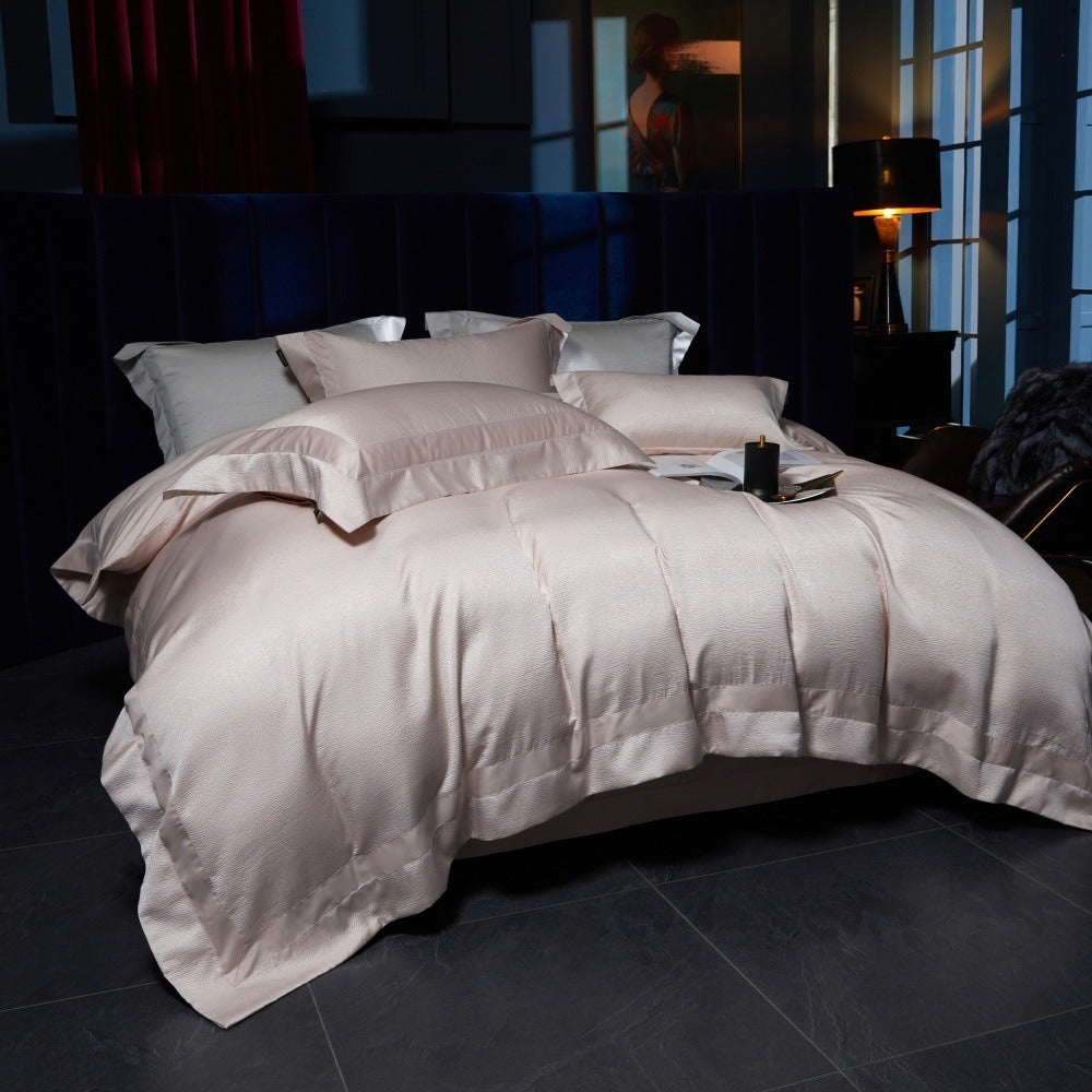 VILZSTUDIOS blush pink, silver gray or champagne gold jacquard duvet cover set with wide satin borders
