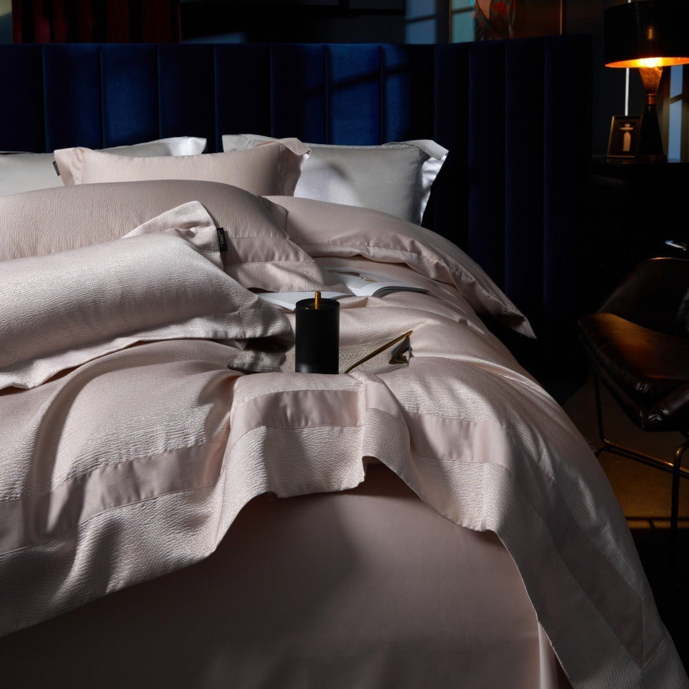VILZSTUDIOS blush pink, silver gray or champagne gold jacquard duvet cover set with wide satin borders