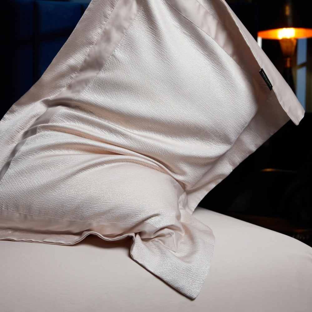 VILZSTUDIOS blush pink, silver gray or champagne gold jacquard duvet cover set with wide satin borders