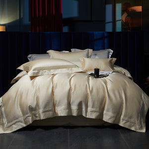 VILZSTUDIOS blush pink, silver gray or champagne gold jacquard duvet cover set with wide satin borders
