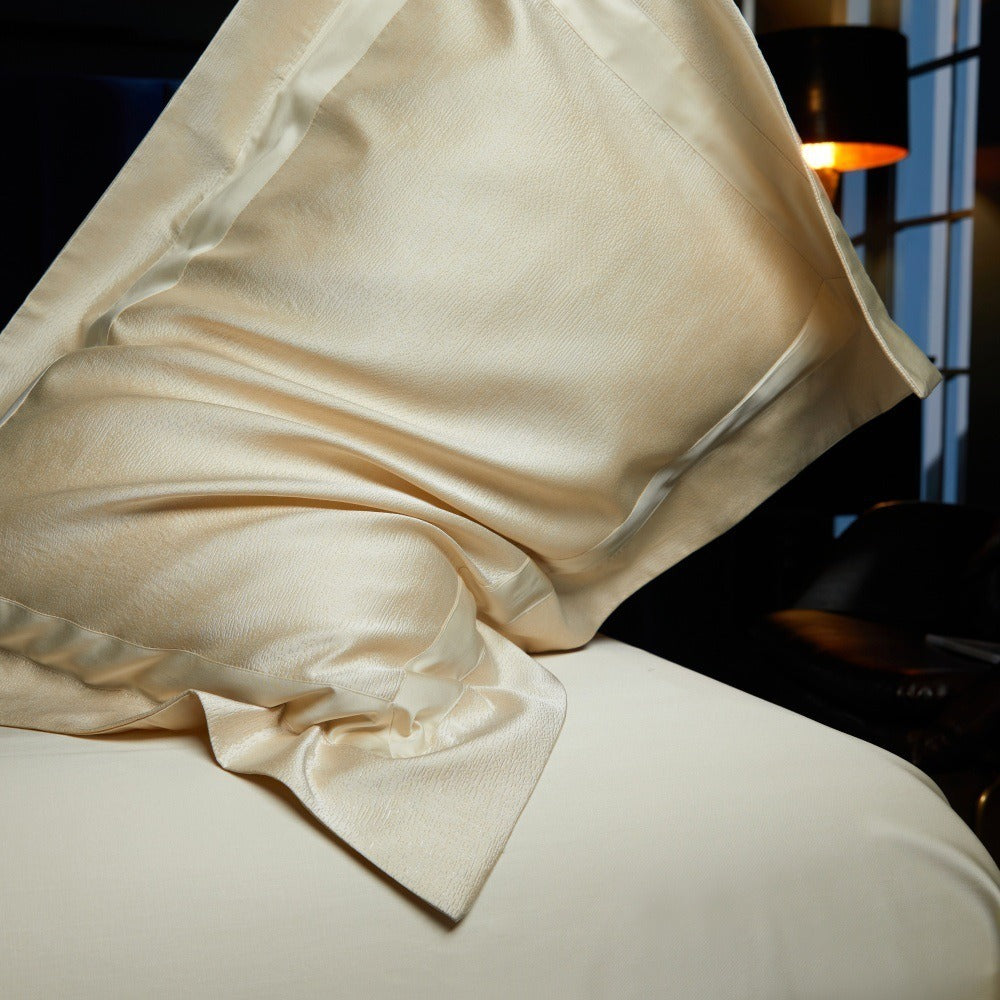 VILZSTUDIOS blush pink, silver gray or champagne gold jacquard duvet cover set with wide satin borders