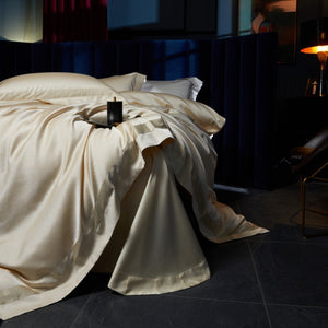 VILZSTUDIOS blush pink, silver gray or champagne gold jacquard duvet cover set with wide satin borders