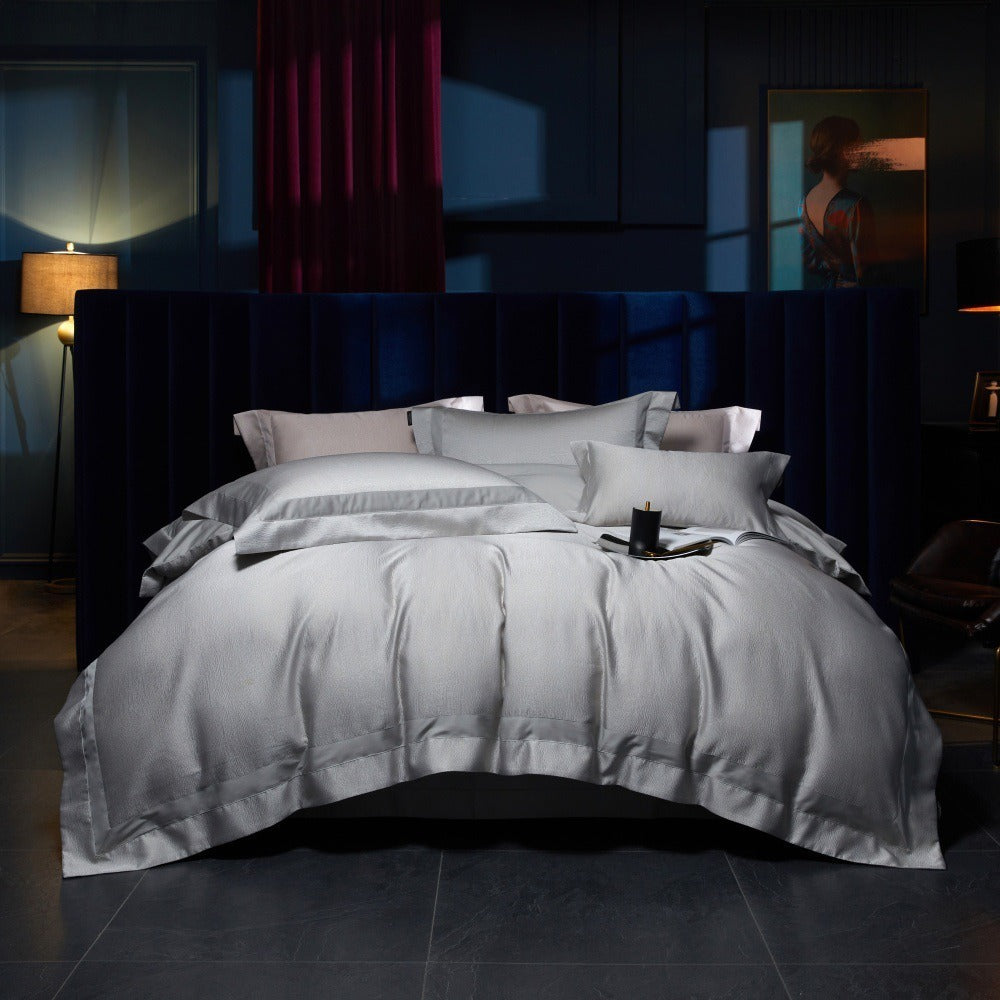 VILZSTUDIOS blush pink, silver gray or champagne gold jacquard duvet cover set with wide satin borders