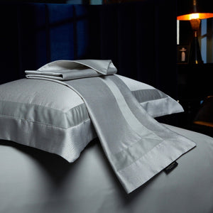 VILZSTUDIOS blush pink, silver gray or champagne gold jacquard duvet cover set with wide satin borders