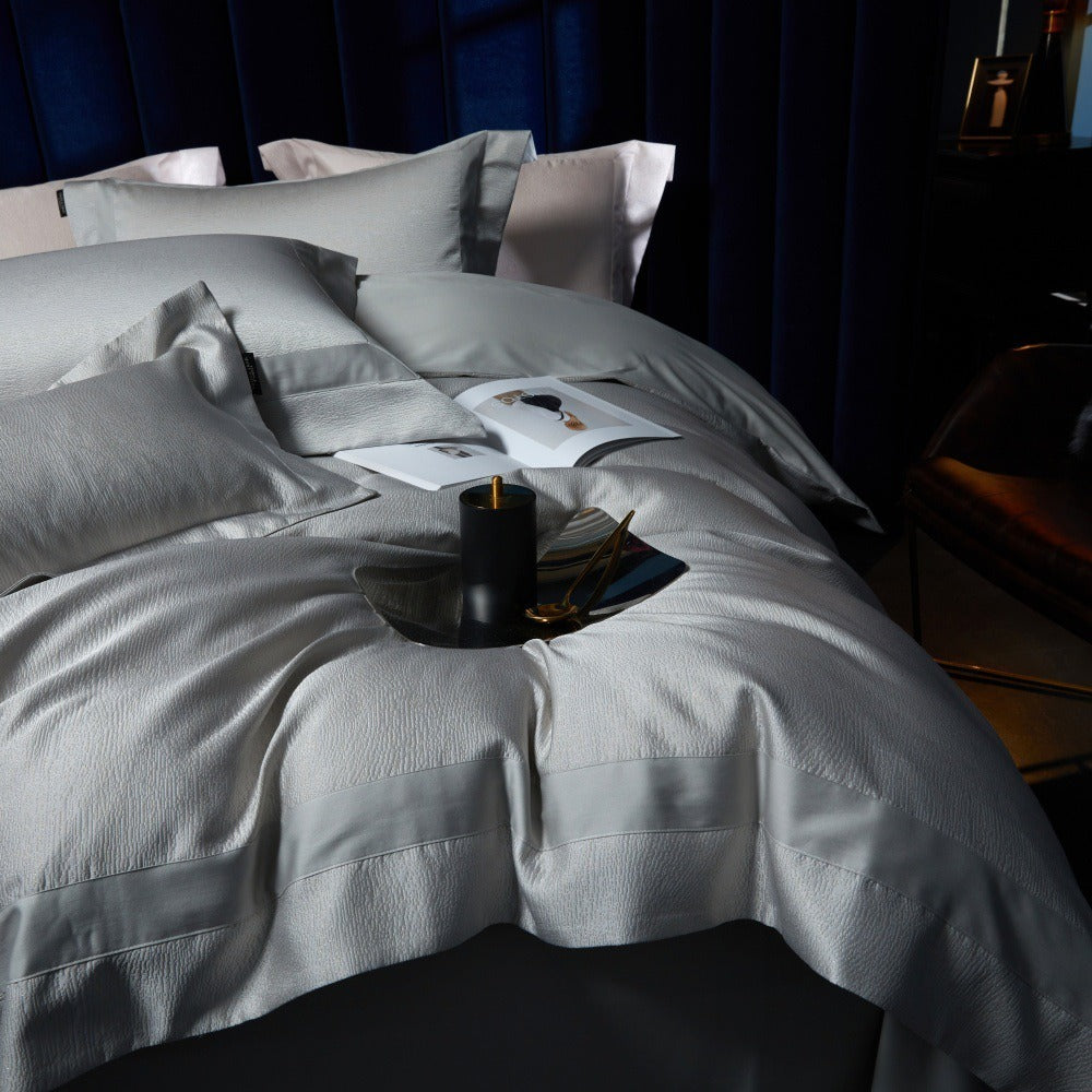 VILZSTUDIOS blush pink, silver gray or champagne gold jacquard duvet cover set with wide satin borders