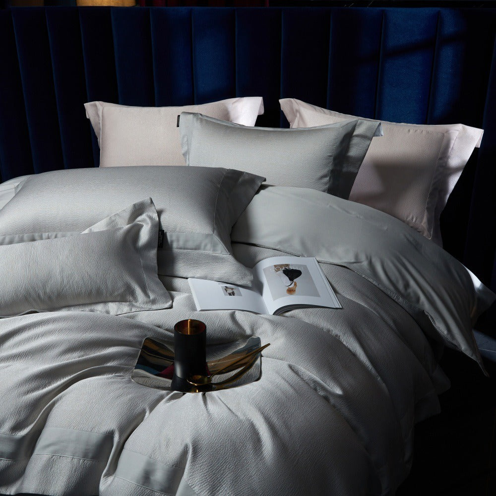 VILZSTUDIOS blush pink, silver gray or champagne gold jacquard duvet cover set with wide satin borders