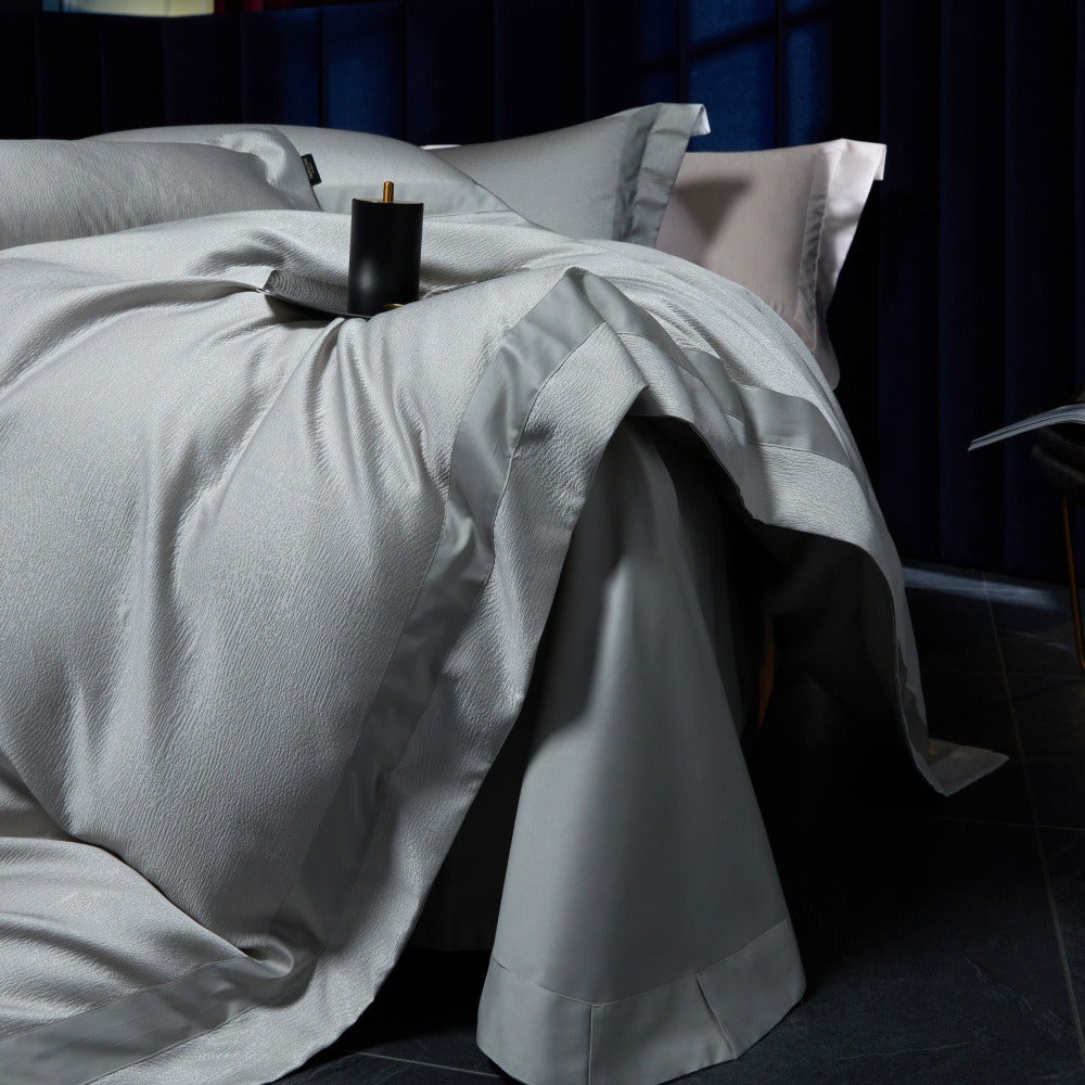VILZSTUDIOS blush pink, silver gray or champagne gold jacquard duvet cover set with wide satin borders