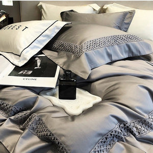 VILZSTUDIOS solid color satin bedding set with openwork lattice borders and flanged edges