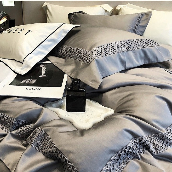 VILZSTUDIOS solid color satin bedding set with openwork lattice borders and flanged edges