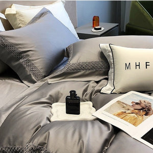 VILZSTUDIOS solid color satin bedding set with openwork lattice borders and flanged edges
