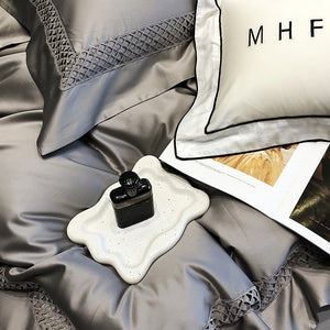 VILZSTUDIOS solid color satin bedding set with openwork lattice borders and flanged edges
