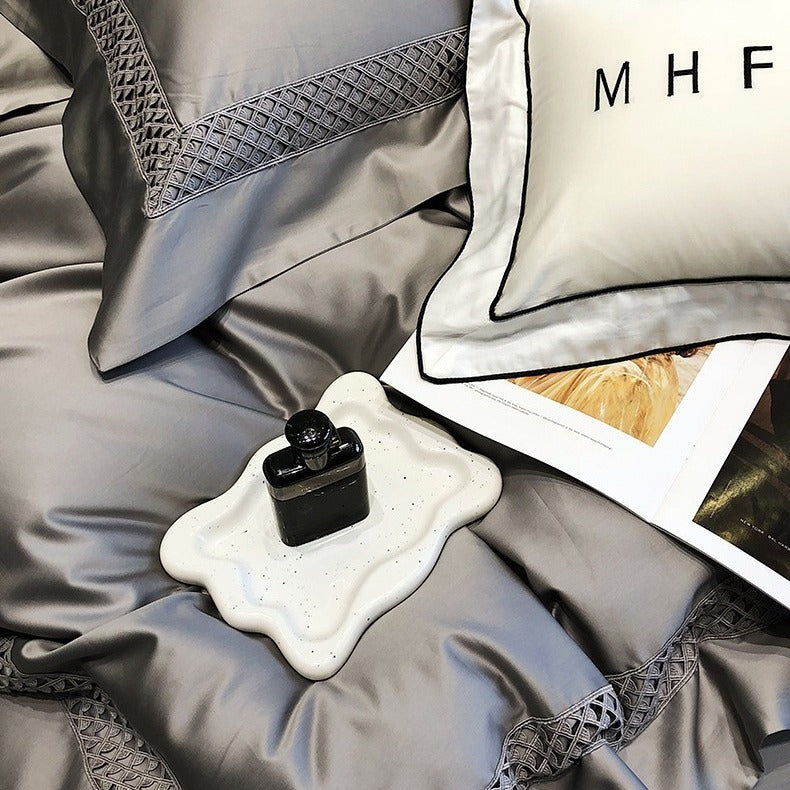 VILZSTUDIOS solid color satin bedding set with openwork lattice borders and flanged edges