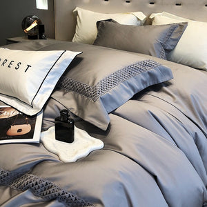 VILZSTUDIOS solid color satin bedding set with openwork lattice borders and flanged edges