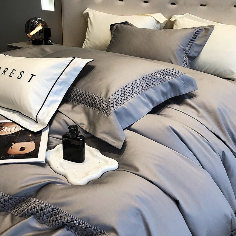VILZSTUDIOS solid color satin bedding set with openwork lattice borders and flanged edges
