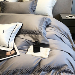 VILZSTUDIOS solid color satin bedding set with openwork lattice borders and flanged edges