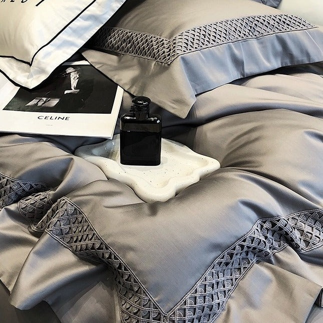 VILZSTUDIOS solid color satin bedding set with openwork lattice borders and flanged edges