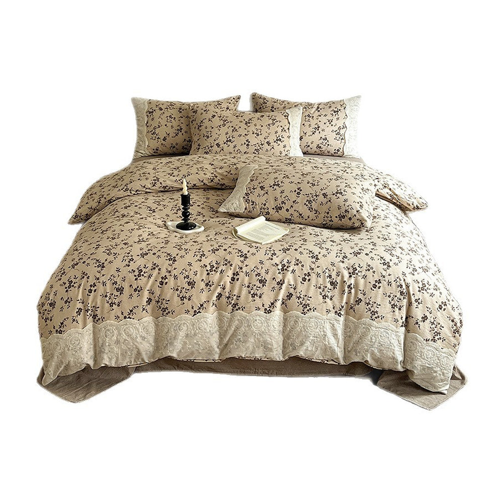 VILZSTUDIOS patterned cotton bedding set with white scalloped floral eyelet lace borders